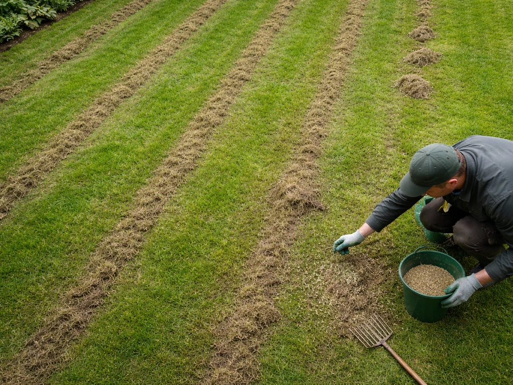 Bovenaanzicht van een net verticuteerd gazon met vilstroken en een tuinier die doorzaait aan de rand.