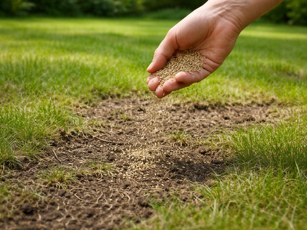 Hand strooit doorzaaizaad over kale plekken in een grasmat na verticuteren.