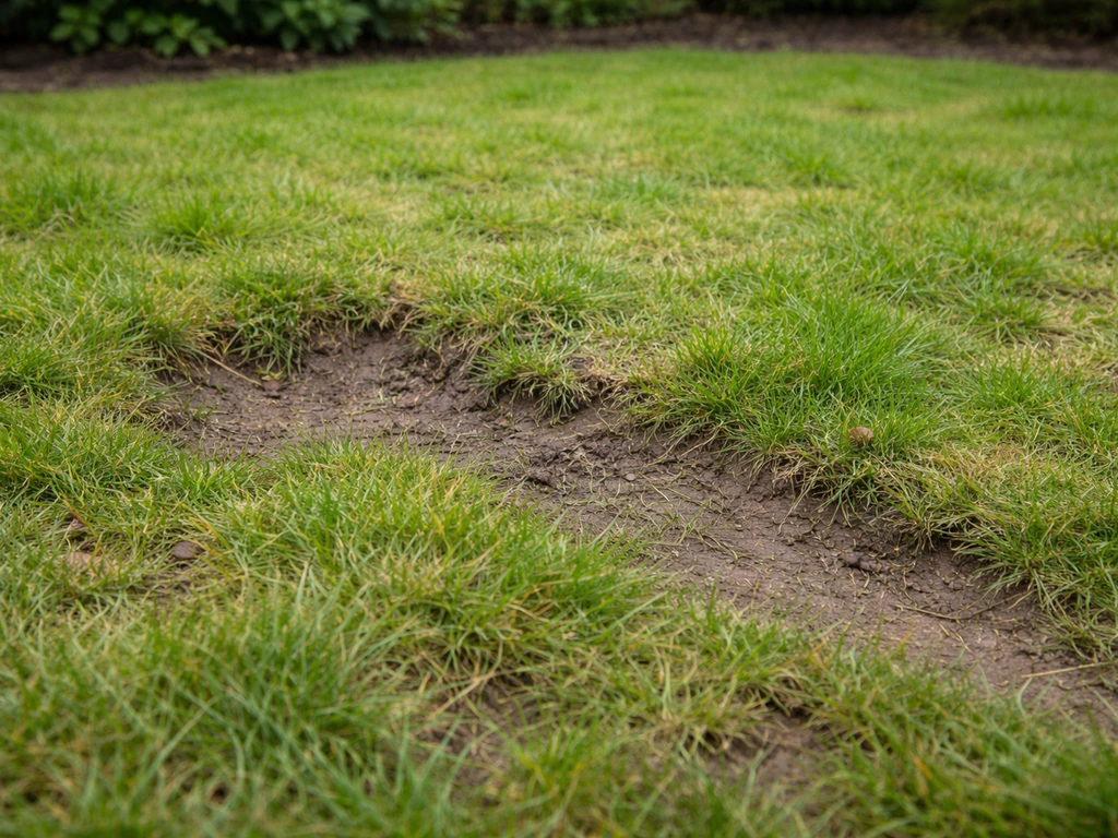 Ongelijk gazon met kuilen en bulten door inklinking en verdichting, gefotografeerd op tuinpad-niveau.