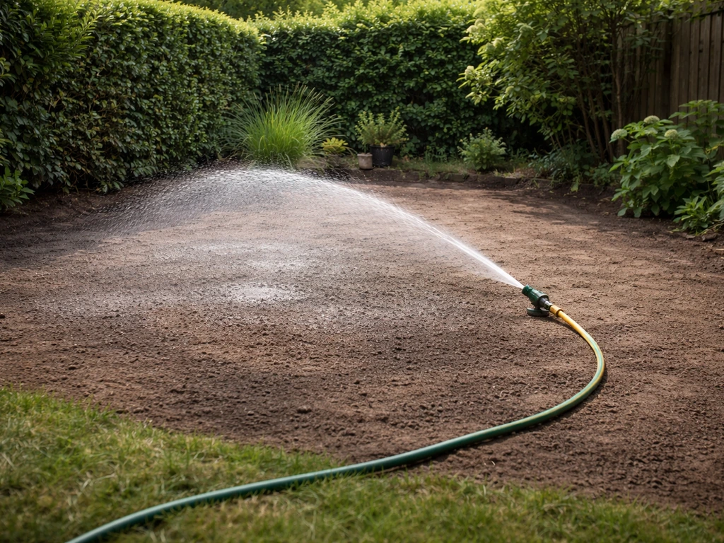 Heldere waterstraal van tuinslang of sproeier over het herstelde gazon na egaliseren.