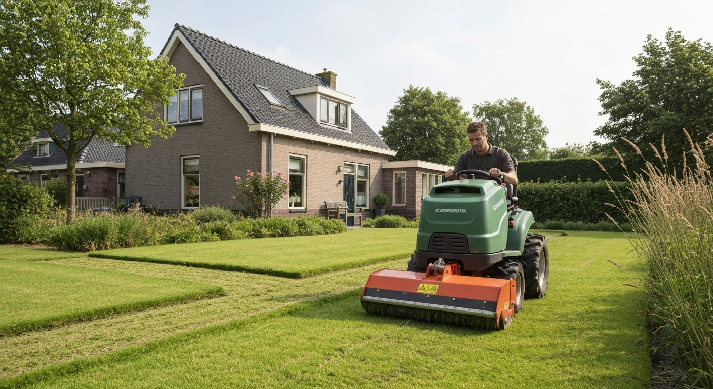 Fotorealistische opname van een elektrische verticuteermachine die vilt uit een Nederlands gazon snijdt, zonder zichtbare gezichten of merklogo's