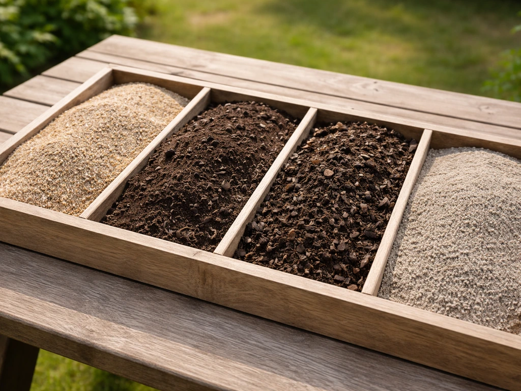 Close-up van grof kwartszand, teelaarde, compost en egaliseermix in aparte bakken op een tuintafel.