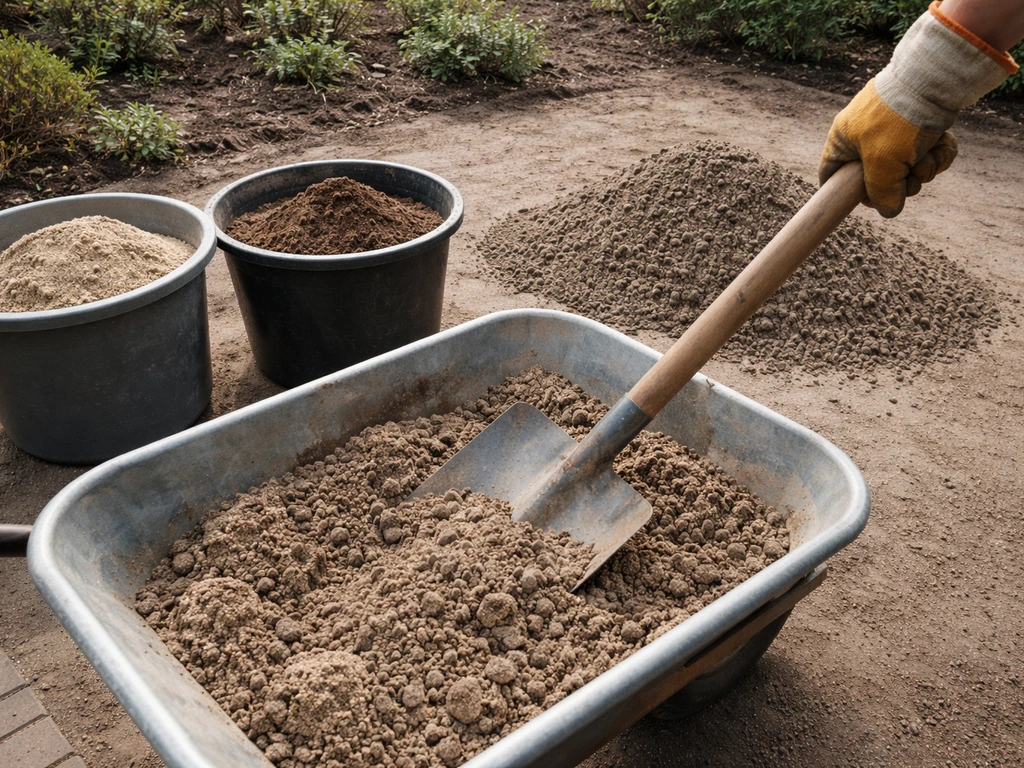 Twee kruiwagen-emmers met 1:1 zand en teelaarde, gemengd en klaar om uit te strooien in een tuin.