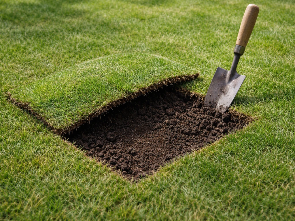 Close-up van een opgehoogde bult met losgesneden graszode en zichtbare aarde in een tuin.