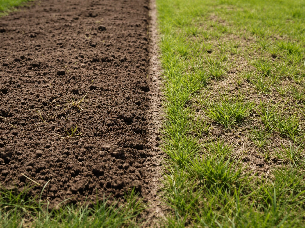 Vergelijking van te dikke en dunne egalisatielaag bij gazon: gras dat niet door de laag komt naast gezond nieuw sprietje