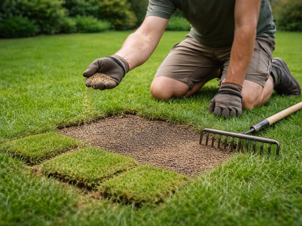 Tuinhulp met hark die graszaad of zoden aanbrengt in een herstelde plek van een groen gazon
