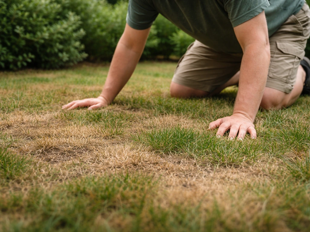 Close-up van iemand die een gazon inspecteert en let op bruine of gelige plekken