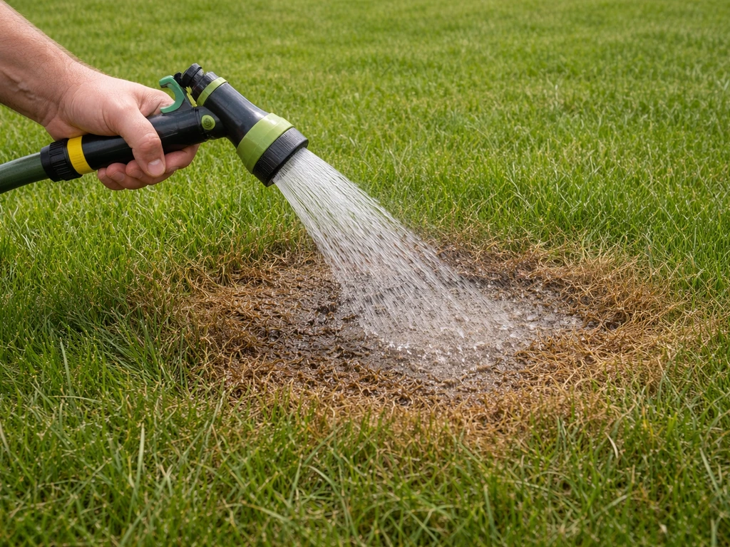 Bruine plek op een gazon krijgt diep water met een tuinslang, het water trekt de grond in.