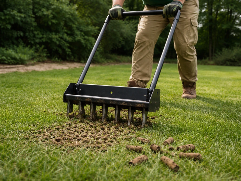 Man belucht een gazon met een beluchter met holle pennen die bodemkernletjes uit de grond haalt.