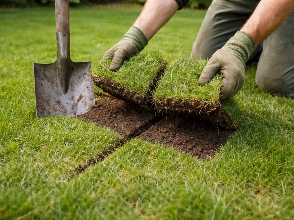 Tuinier maakt met een spade een kruis in een graspol en klapt de graszoden open