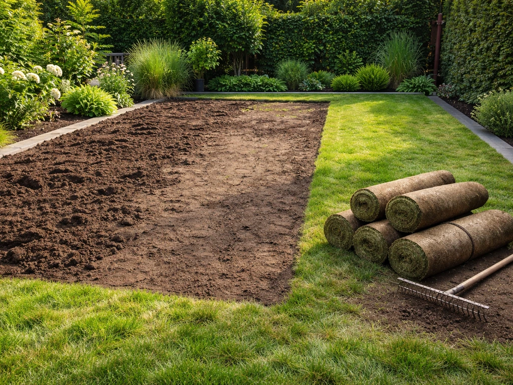 Achtertuin met afgeplagd oud gazon en voorbereide grond voor nieuw gras, klaar voor aanleg.