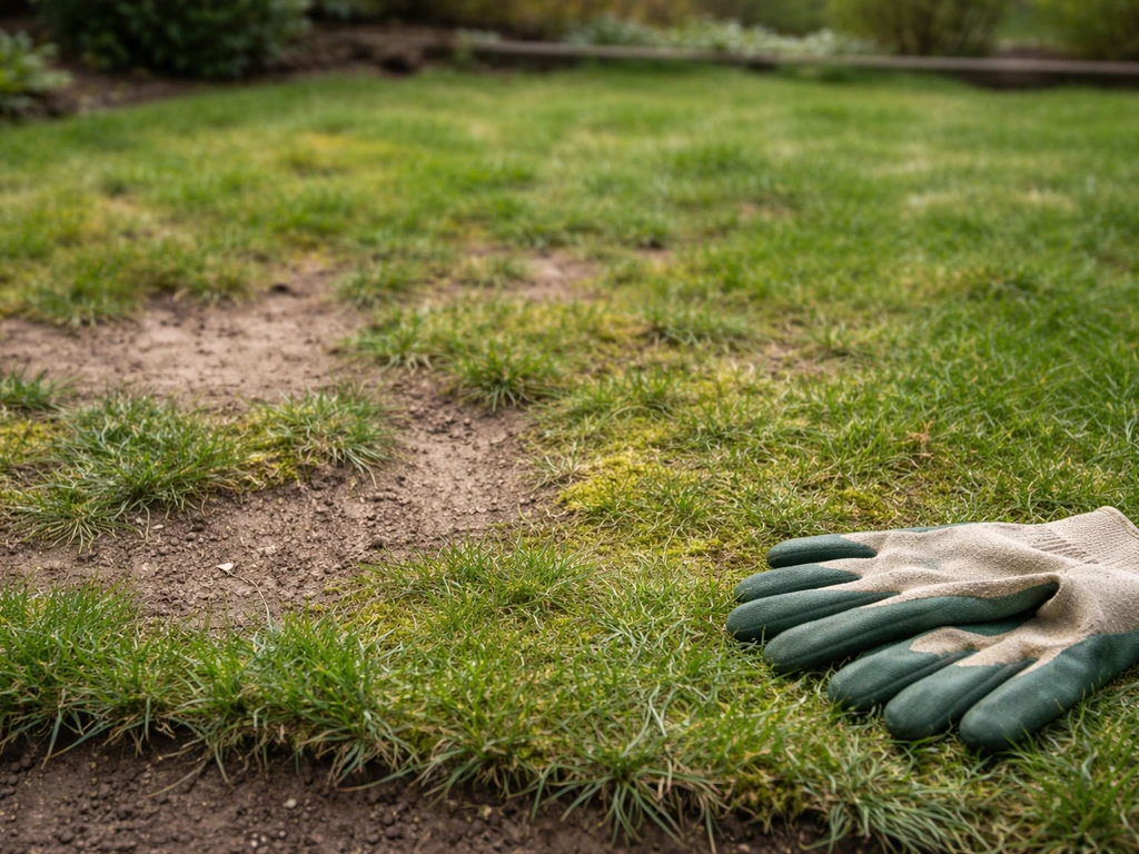 Tuinierhandschoenen naast een beschadigd gazon met kale plekken en verdichte, mosrijke grasstroken