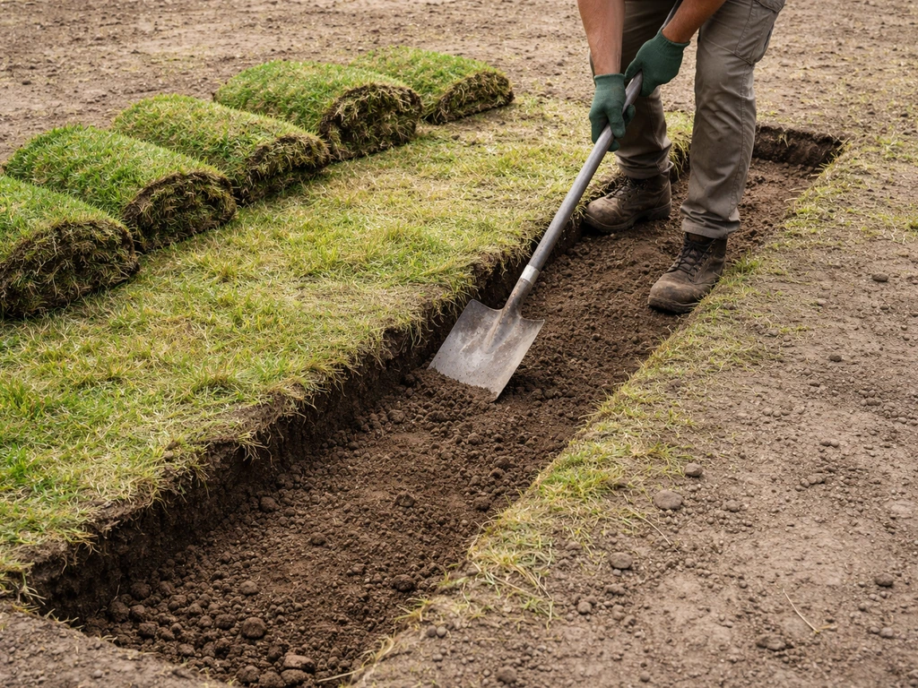 Afplagstrook in de tuin: oude grasmat met wortels verwijderd, bodem zichtbaar na het afplaggen.