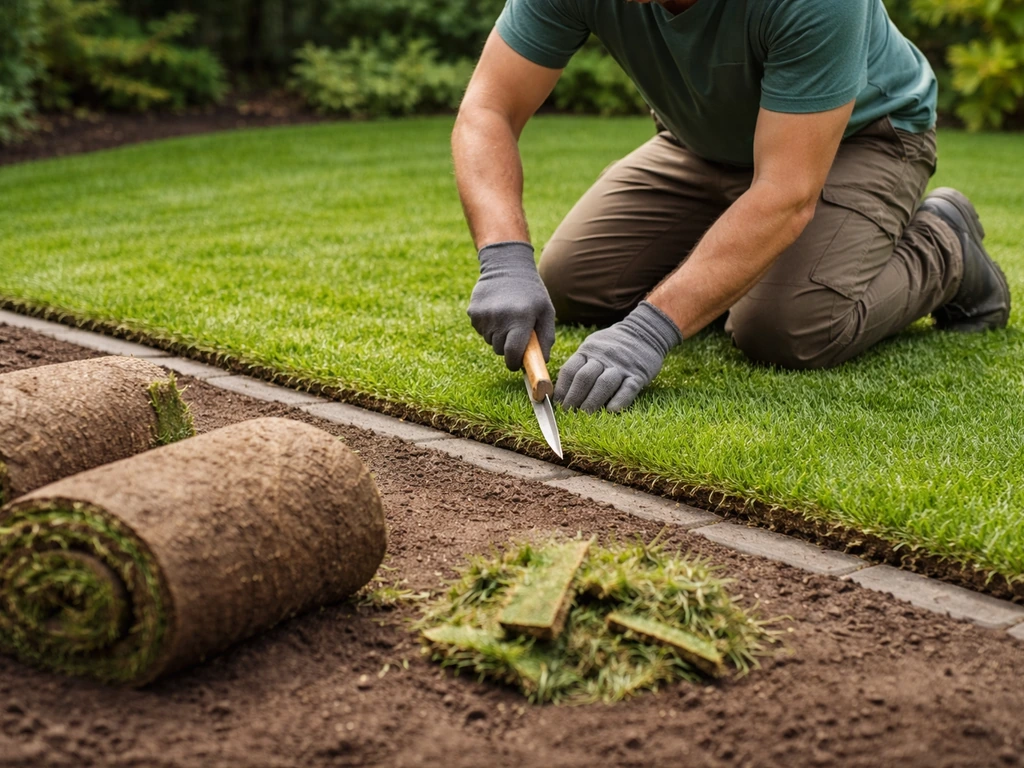 Verse graszoden die dezelfde dag worden gelegd langs een rechte rand, met een tuinier die bijsnijdt aan de randen