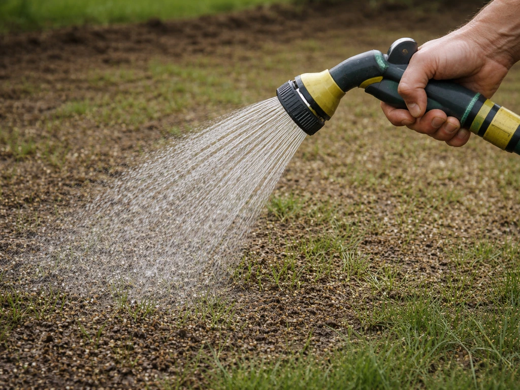 Zachte watergift met fijne sproeikop over vers ingezaaid gazon, met zichtbaar nat zaadoppervlak.