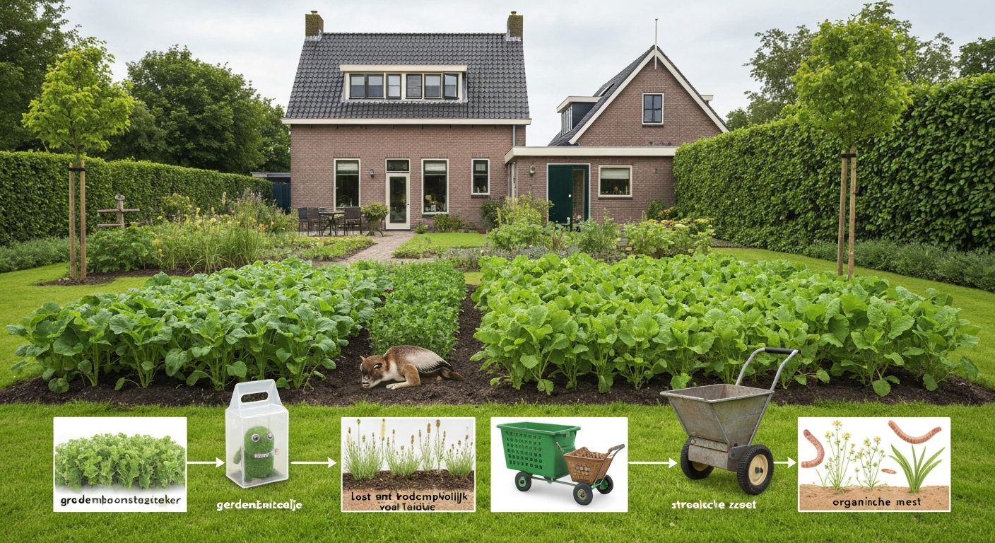 Gezond ecostyle gazon in Nederlandse tuin met gereedschap en bodemmonsters (fotorealistisch)
