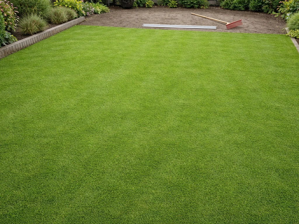 Bovenaanzicht van een vlak geëgaliseerd gazon in een Nederlandse tuin, met hark en afreilat op de achtergrond.