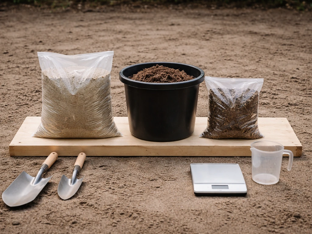 Materiaalopstelling met zak kwartszand, compost/topdressing-mengsel en meet-/weeggerei op houten plank in tuin.