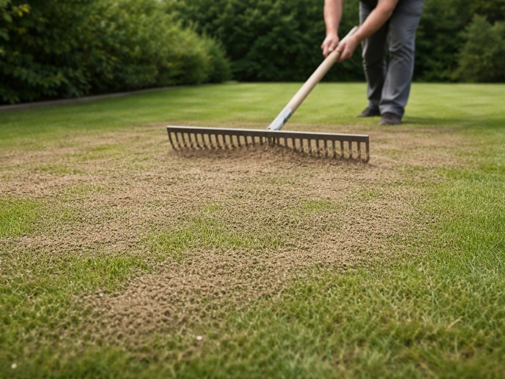 Kort gemaaid gazon met dunne laag topdressing die gelijkmatig wordt uitgespreid met een brede hark.