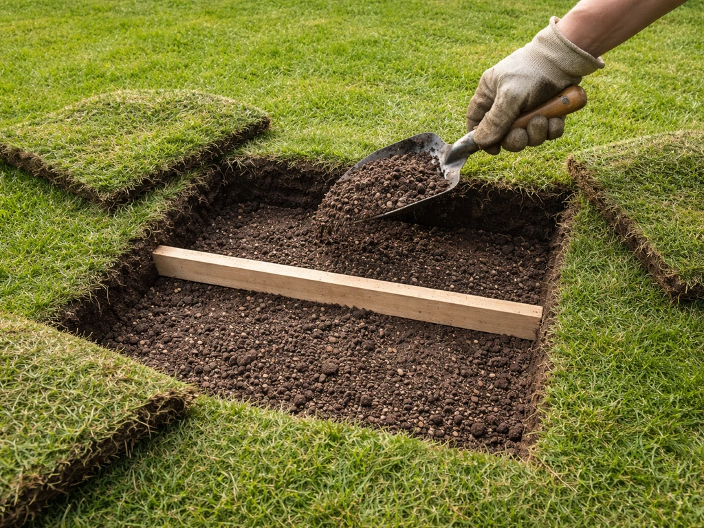 Hand met schop brengt zand-compostmengsel aan in een diepe kuil; graszoden geknipt en teruggeklapt.