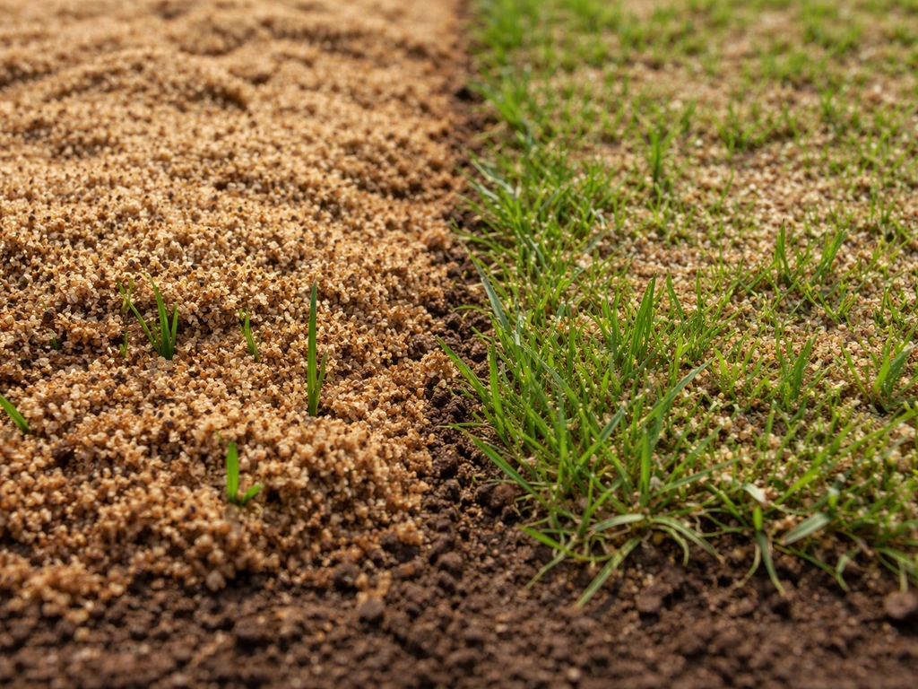 Close-up van gras dat bedolven is door een dikke topdressinglaag tegenover schoon, gelijkmatig bedekt gras.