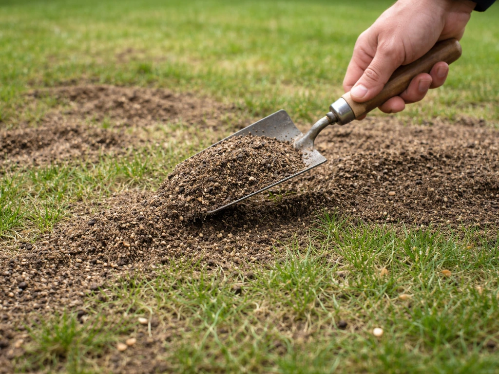 Close-up van hand die dunne grondmix bij het graszaad aanbrengt op een gazonoppervlak