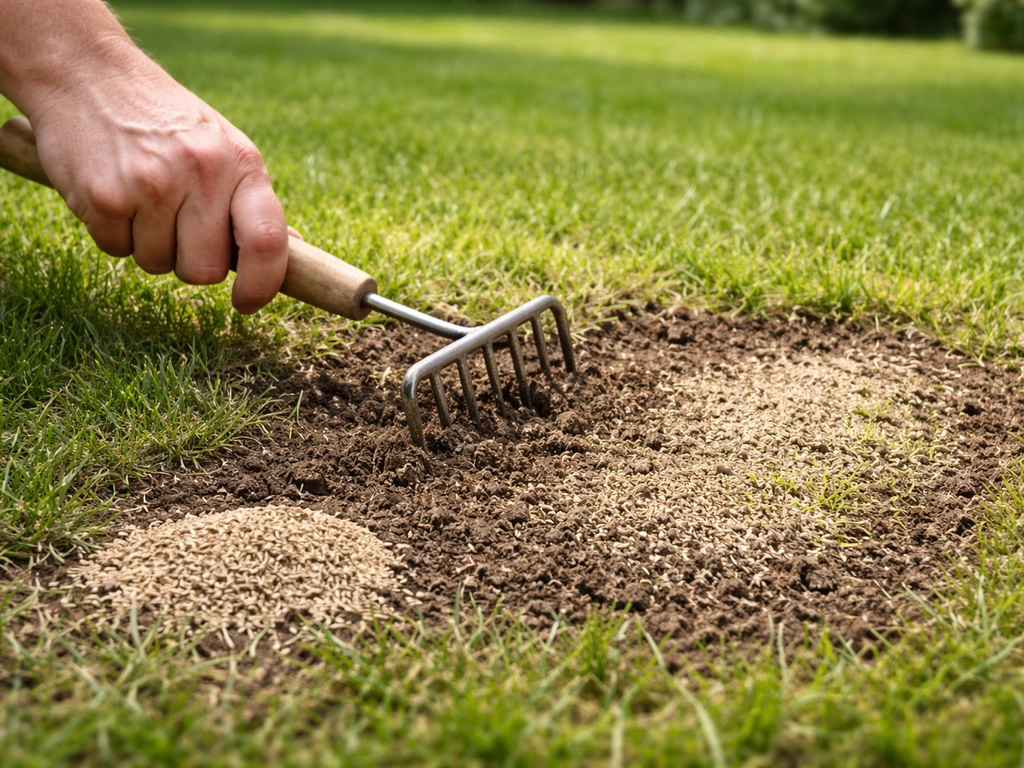 Close-up van een tuinhark die een kale plek losmaakt en graszaad/graszaadmix wordt aangebracht.