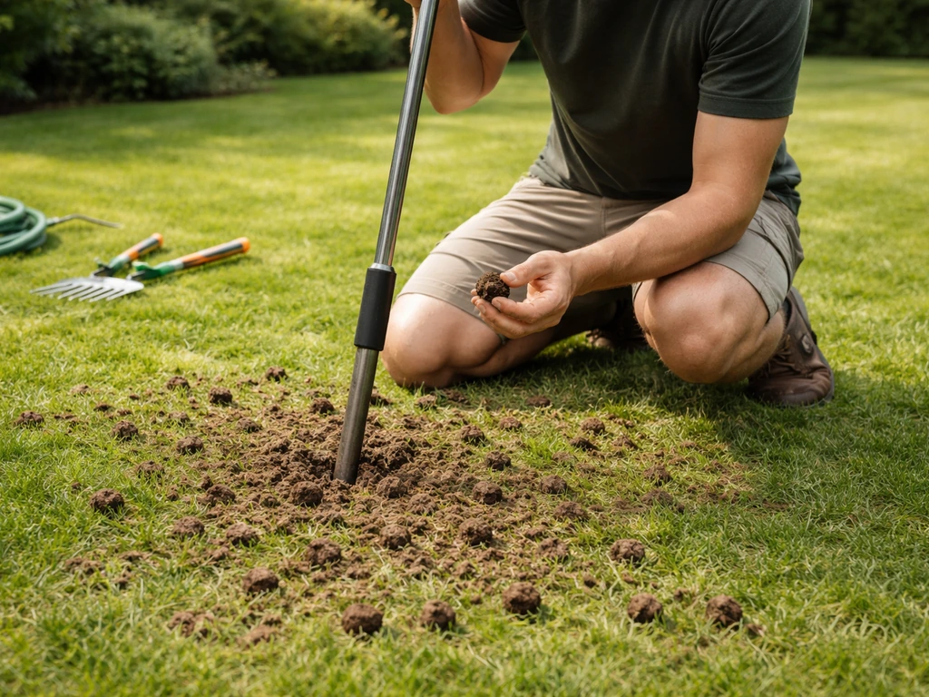 Tuinman die met holle beluchtingspennen plugjes grond uit de gazonbodem haalt voor betere lucht en waterdoorlaatbaarheid