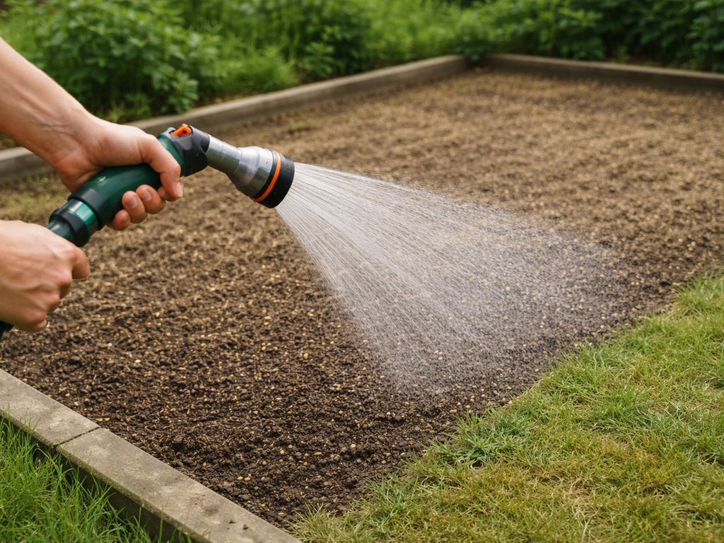 Tuinman besproeit vers ingezaaide grond met een sproeikop; water valt gelijkmatig zonder plassen
