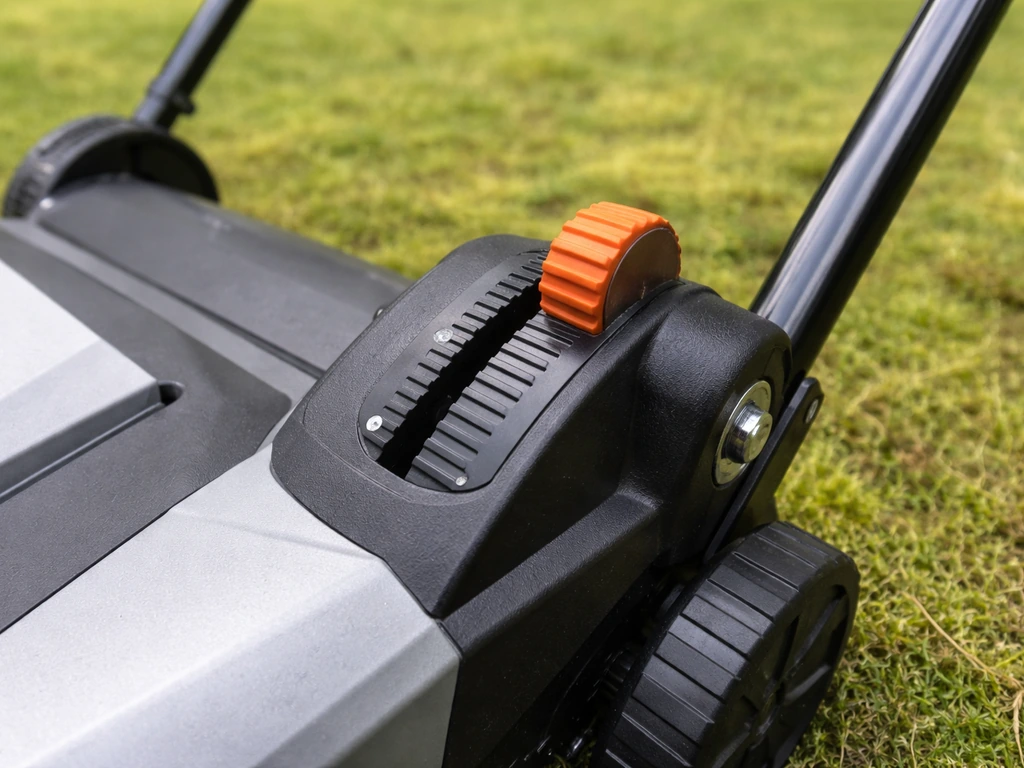 Close-up van de instelhendel van een verticuteerder met markeringen voor werkdiepte rond 2–3 mm.