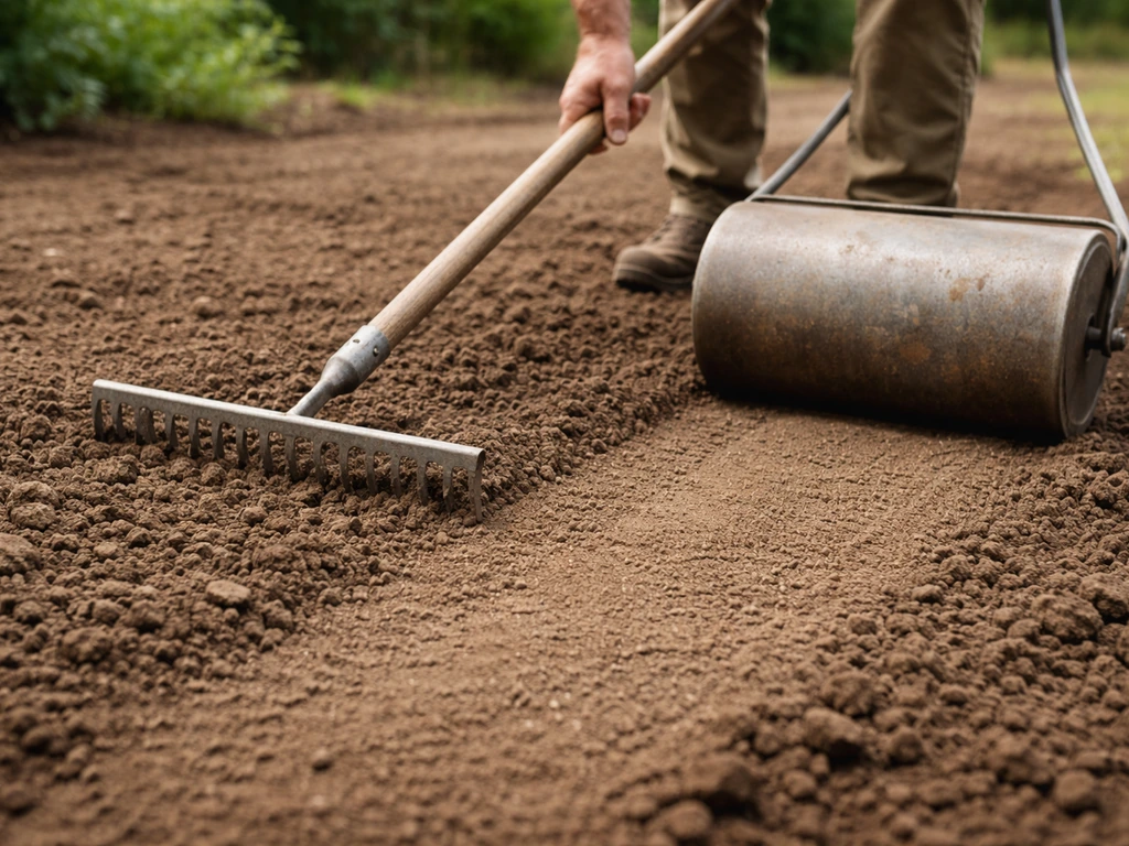 Close-up van een tuinwals en hark in handen bij het fijnmaken van grond voor nieuw graszaad.
