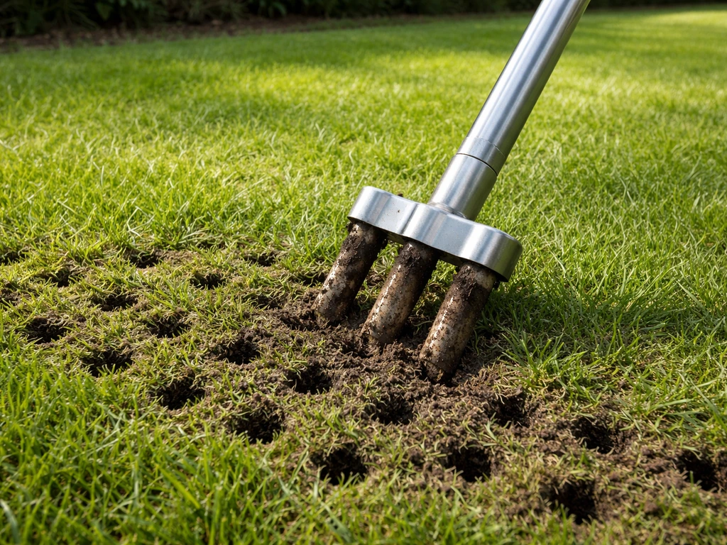 Close-up van een beluchter/holle penboor die gaten in het gras maakt voor de wortelzone.