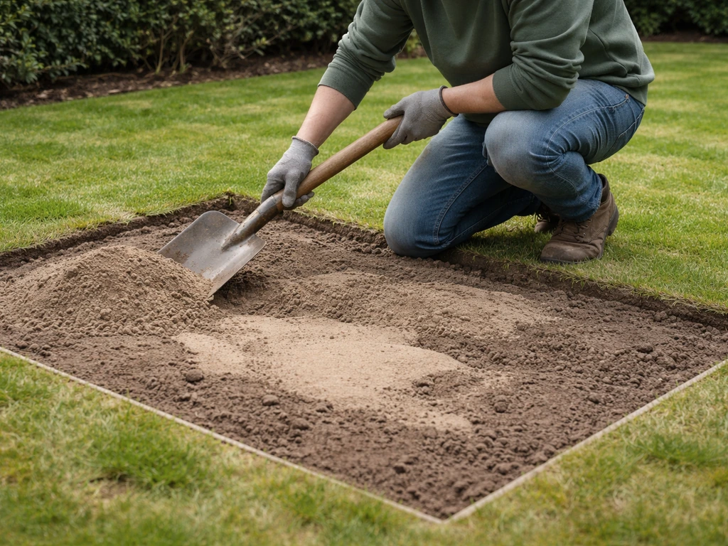 Tuinman schept zand en werkt een afgemeten vak glad, hoge plekken egaliseren en lage plekken aanvullen.