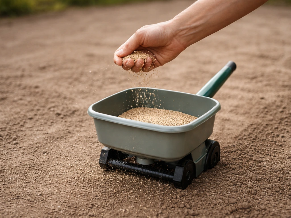 Anonieme hand en grasstrooier die graszaad uitstrooit op een egale, kale tuinondergrond.
