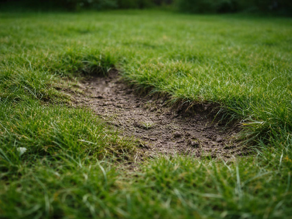Ongelijk gazon met kuiltjes en beschadigde plekken, met duidelijk zichtbare hoogteverschillen en tuinaarde.