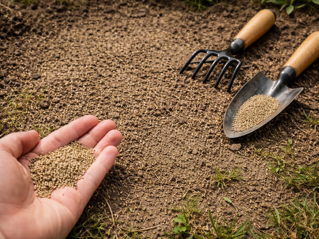 Close-up van graszaad op kale tuingrond, met klein handharkje en zaaibakje voor doorzaaien.