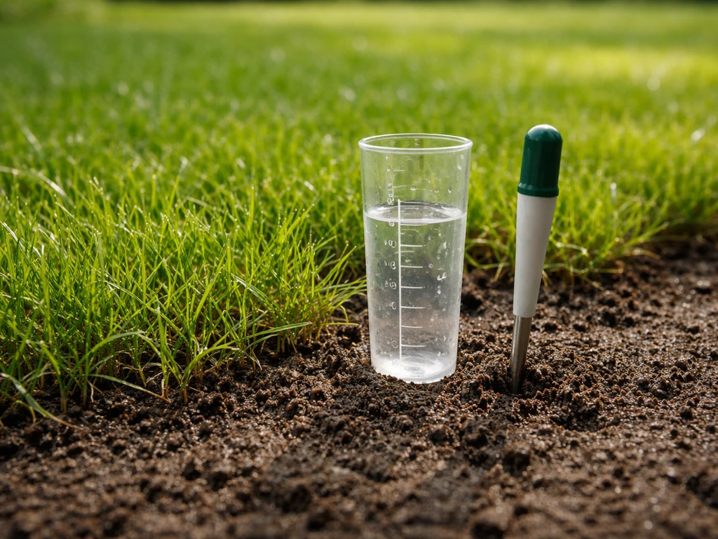 Anonieme tuinset-up met regenmeter en vochtige grond om goed doordrenken te laten zien.