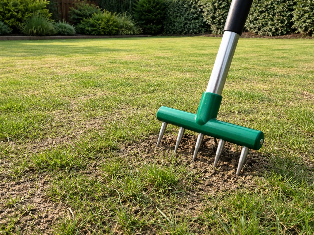 Anoniem gazon met open, herstelde plekken; verticuteerhark of grasprikker staat net in het gras.