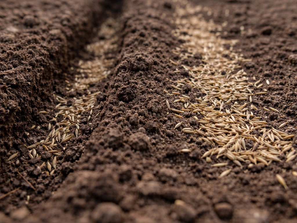 Close-up van graszaad te diep in uitgegraven grond versus zaad dat oppervlakkig contact maakt met vochtige aarde.