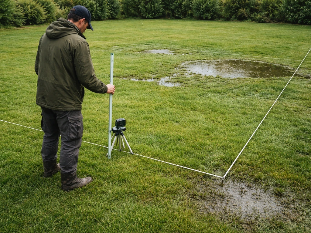 Man meet een groot gazon met meetlint/laserwaterpas en aftekenkoord, met plassen die laagtes aangeven.