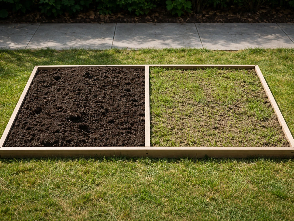 Afgebakend proefvak in de tuin: te dikke laag bedolven gras tegenover correct opgebouwde lagen.
