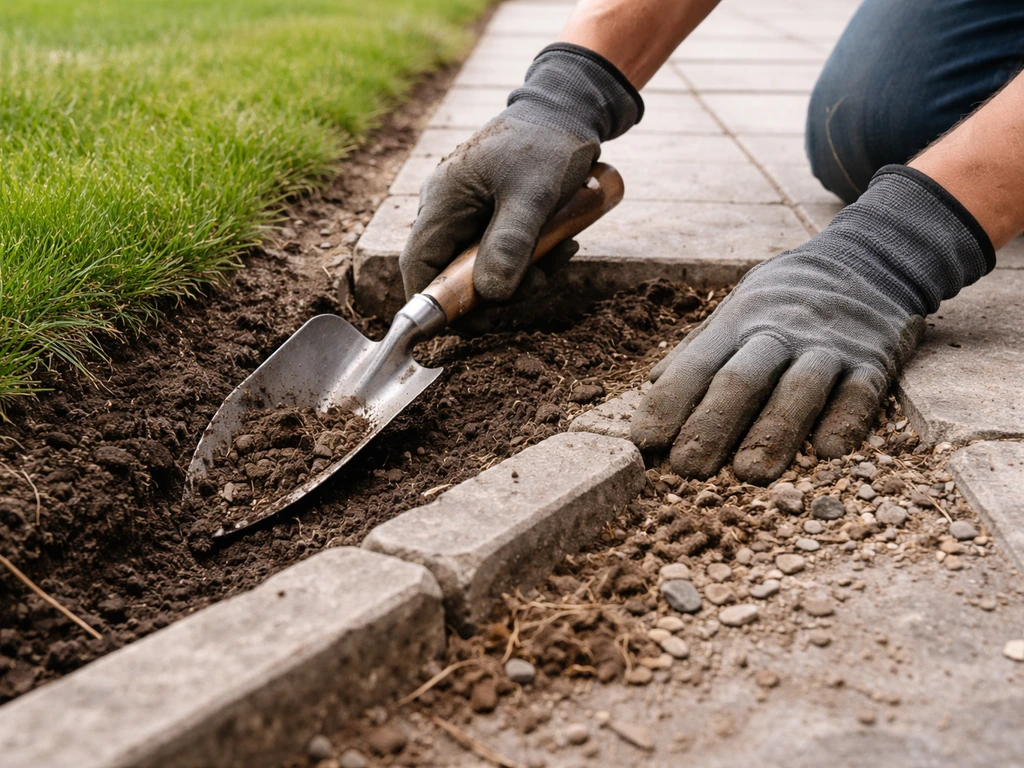 Close-up van het opschonen van een terrasrand met spade, oude aarde en steentjes richting het gras.
