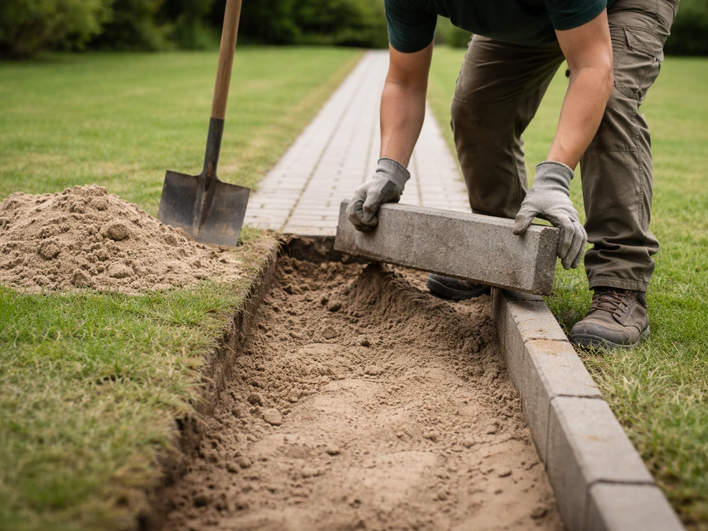 Tuinmedewerker tilt opsluitband op bij verzakte grasrand; zandbed opnieuw herverdicht voor herplaatsing.