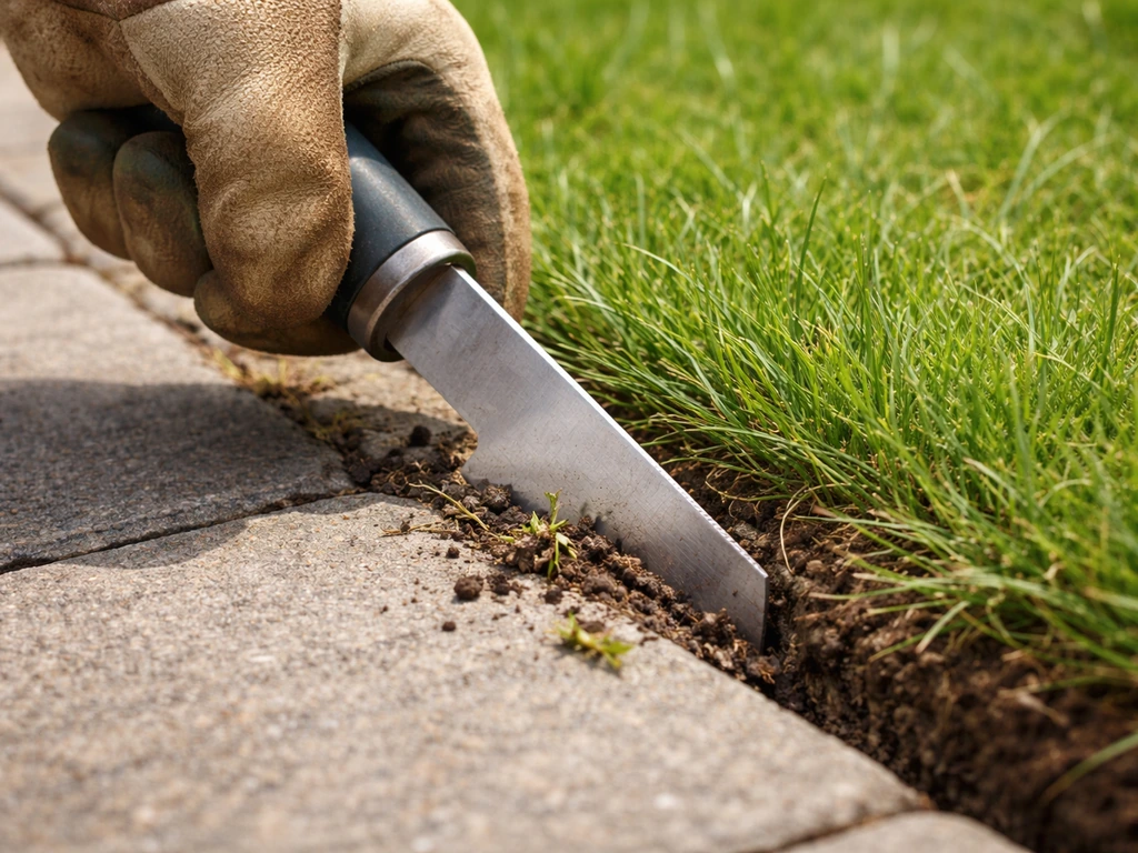 Tuinier gebruikt een kantensteker langs de terrasrand om onkruid uit de voeg tussen steen en gras te verwijderen