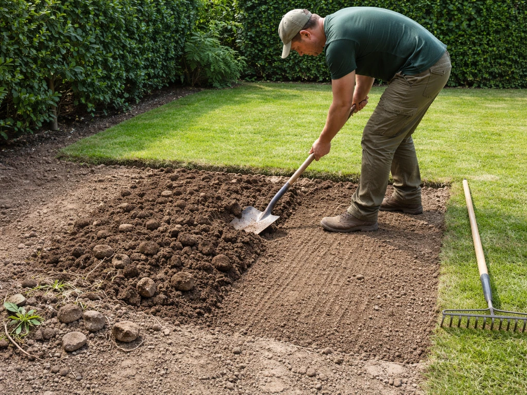 Anonieme tuinwerker bereidt de grond voor een nieuw gazon: spade en aangeharkte aarde, stenen verwijderd.