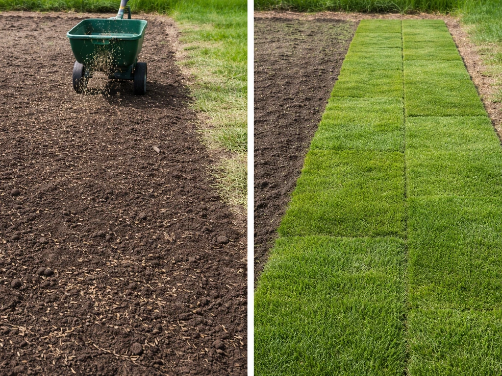 Linkerzijde met uitgezaaide grond en strooier, rechterzijde met netjes gelegde graszoden in dezelfde tuinstrook.