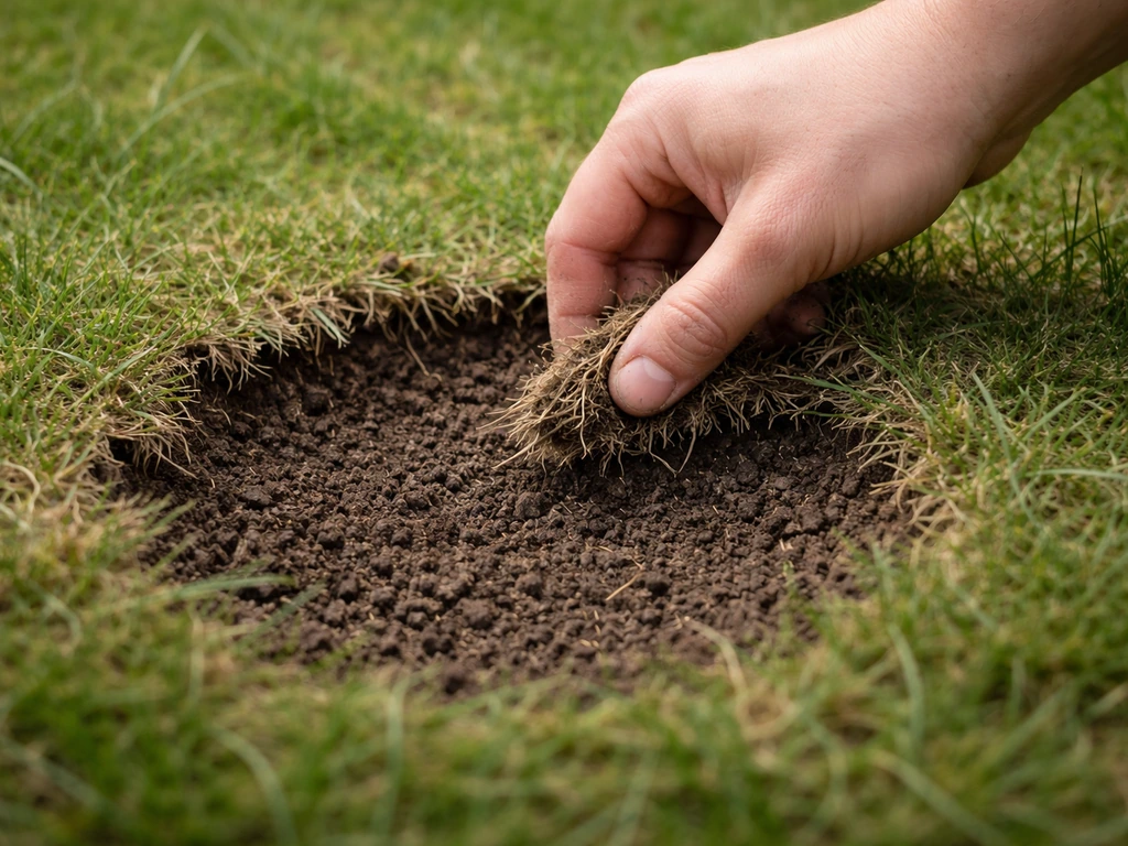 Hand krabt vilt los bij een kale plek in het gras, met zichtbare randen van bestaand gras.