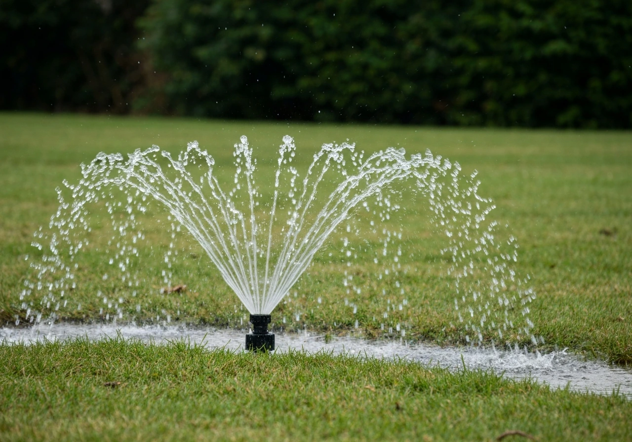 Sproeisysteem op een gazon terwijl water gelijkmatig in de bodem trekt, geen plassen.