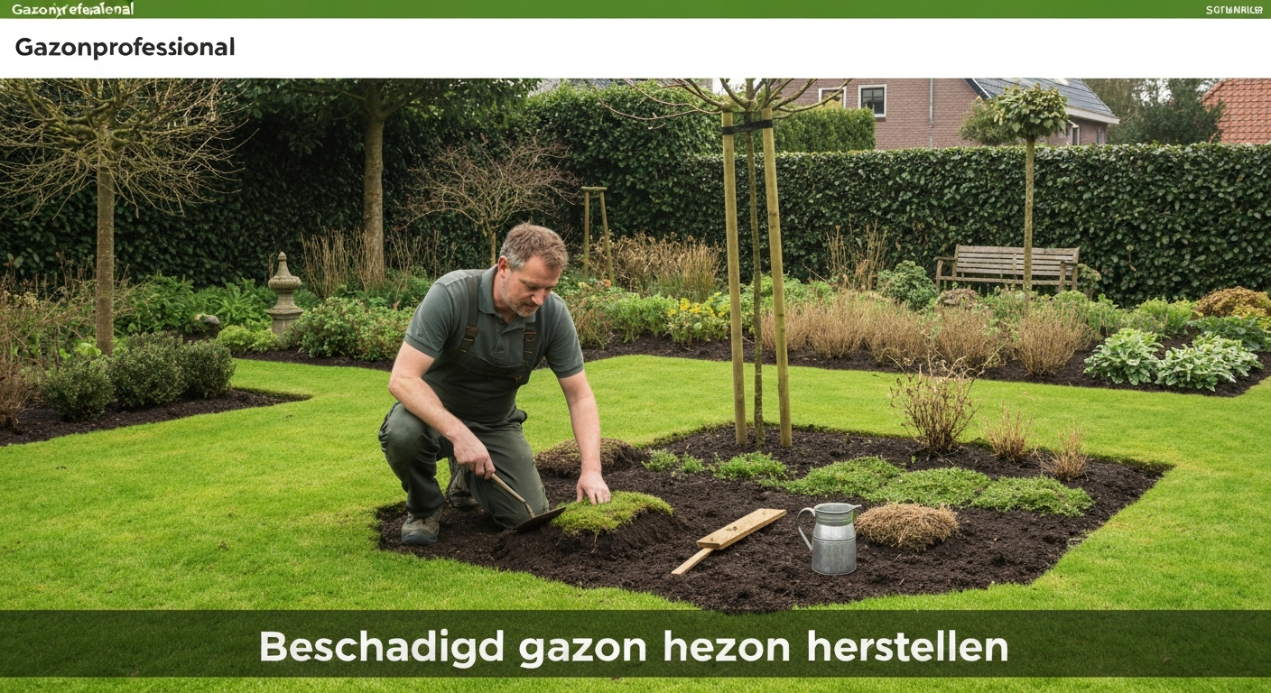 Tuinier herstelt beschadigd gazon in Nederlandse achtertuin met gereedschap en graszaad
