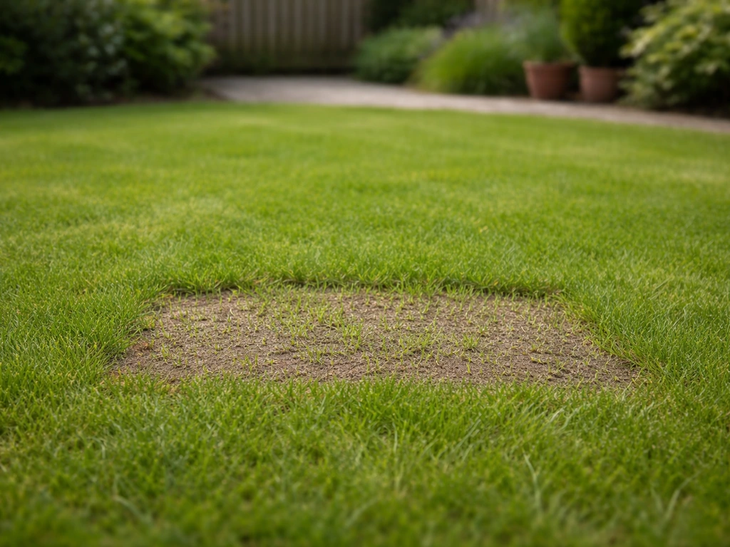 Egaler gazon met één recent opgevulde plek die vlak aansluit en lichtgroene grassprieten toont.